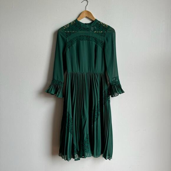 ASOS DESIGN Lace Insert Pleated Midi Skater Dress in Green - Picture 3 of 11